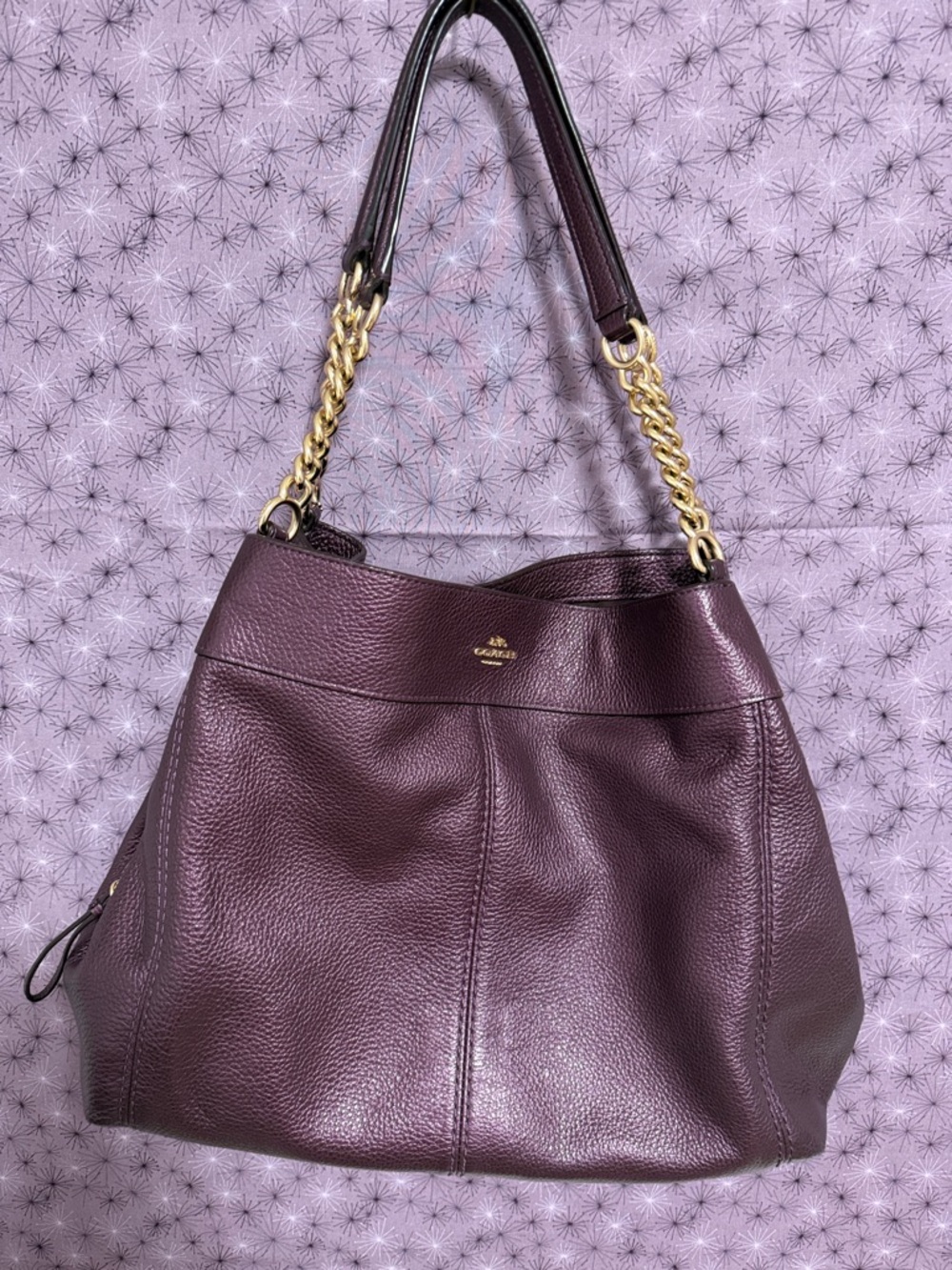 Coach Plum Leather Shoulder Bag with Gold Chain Handles